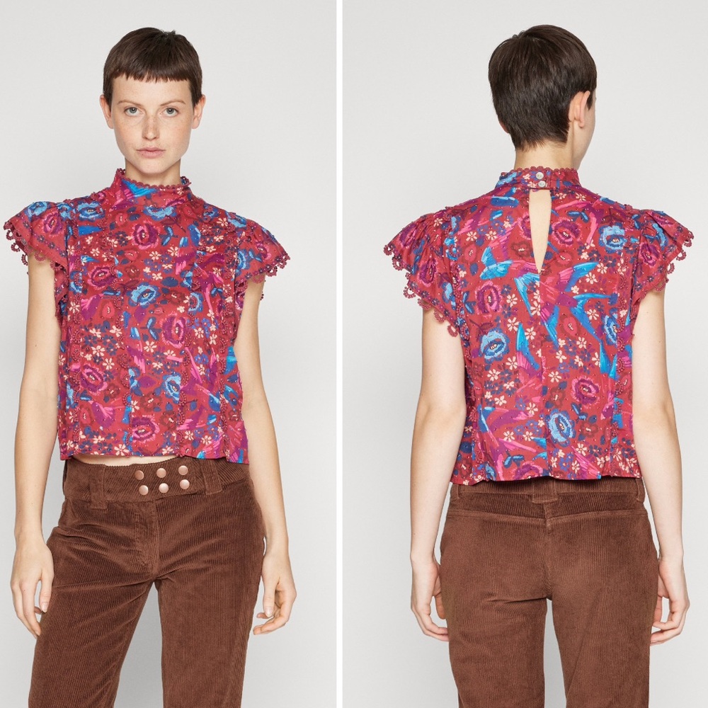 FARM Rio Pink Floral Ruffle Mock-Neck Blouse - Picture 3 of 8